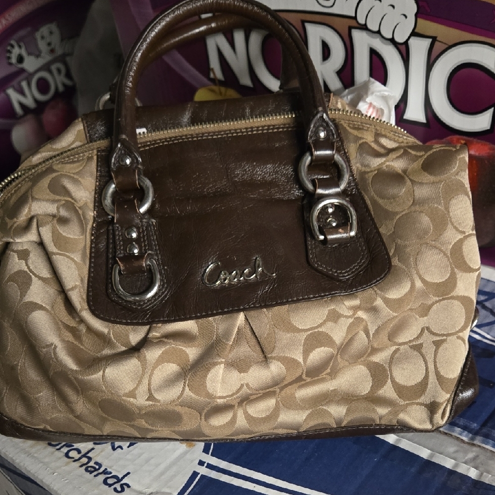 Coach Brown and Tan Satchel with Signature Monogram